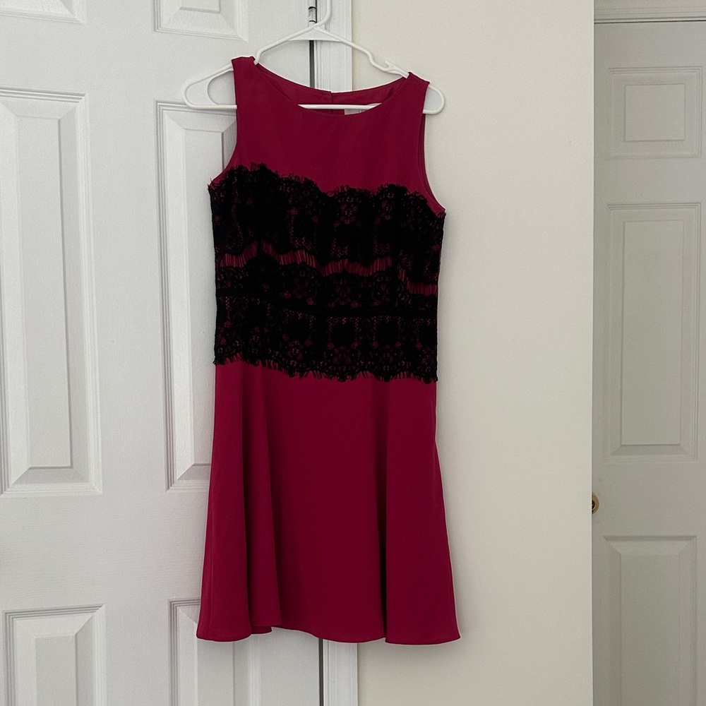 LOFT Fuchsia and Black Lace Midi Dress